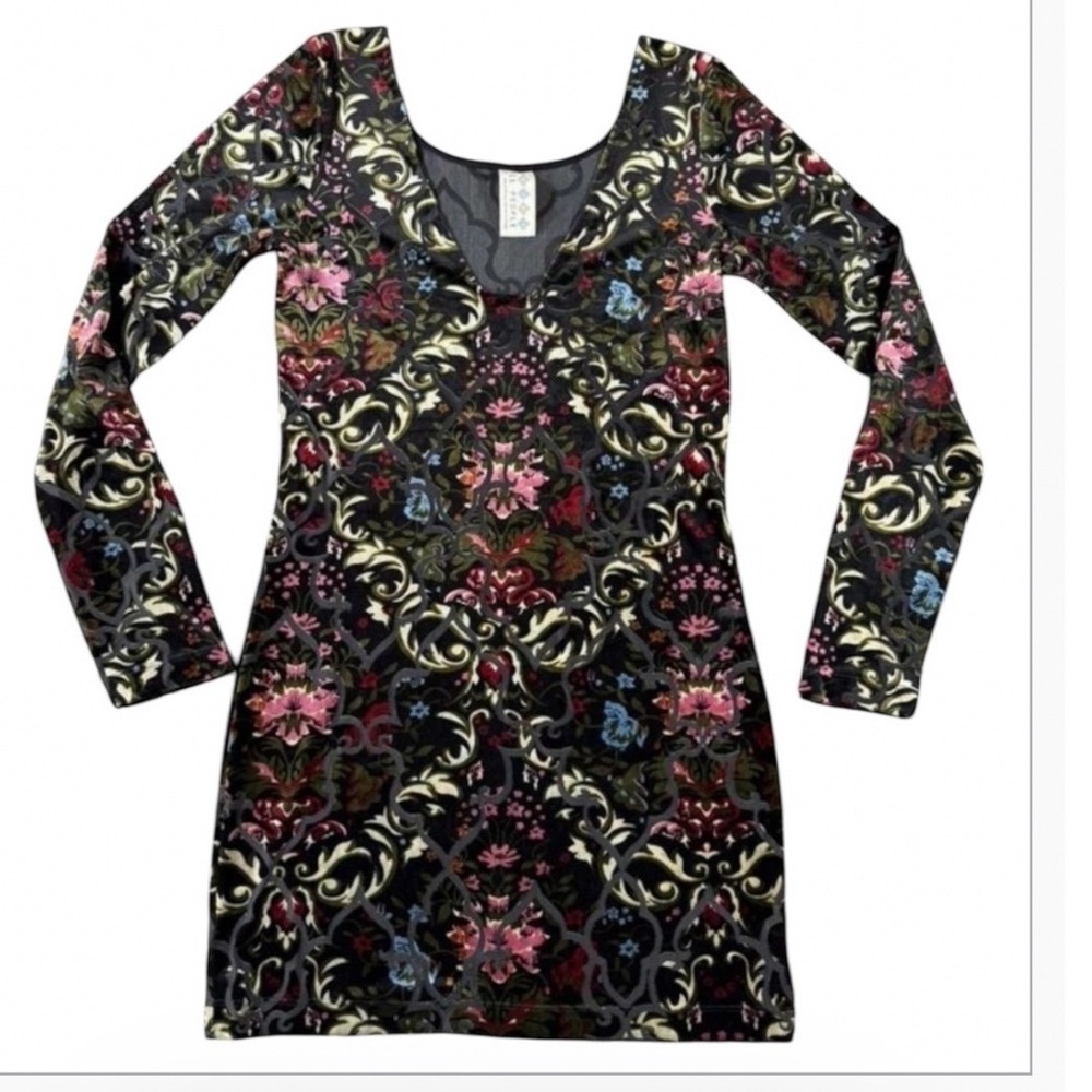 Free People Velvet Burnout Dress Y2K Bodycon Sz XS Floral Print Black Mini Party